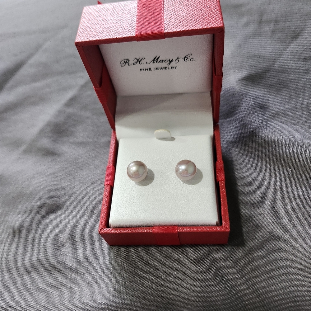 NWT Macys 8mm Pink Cultured Pearl Stud Earrings In 14k Yellow Gold